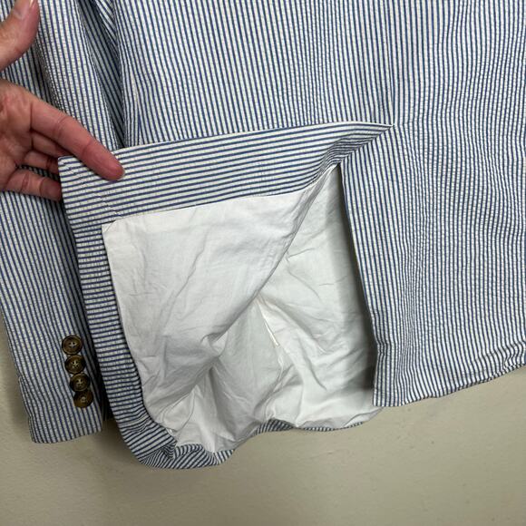 J.Crew Seersucker Blazer 42R Mens Sports Coat Blue Striped 3 Button Preppy Work - Picture 4 of 10